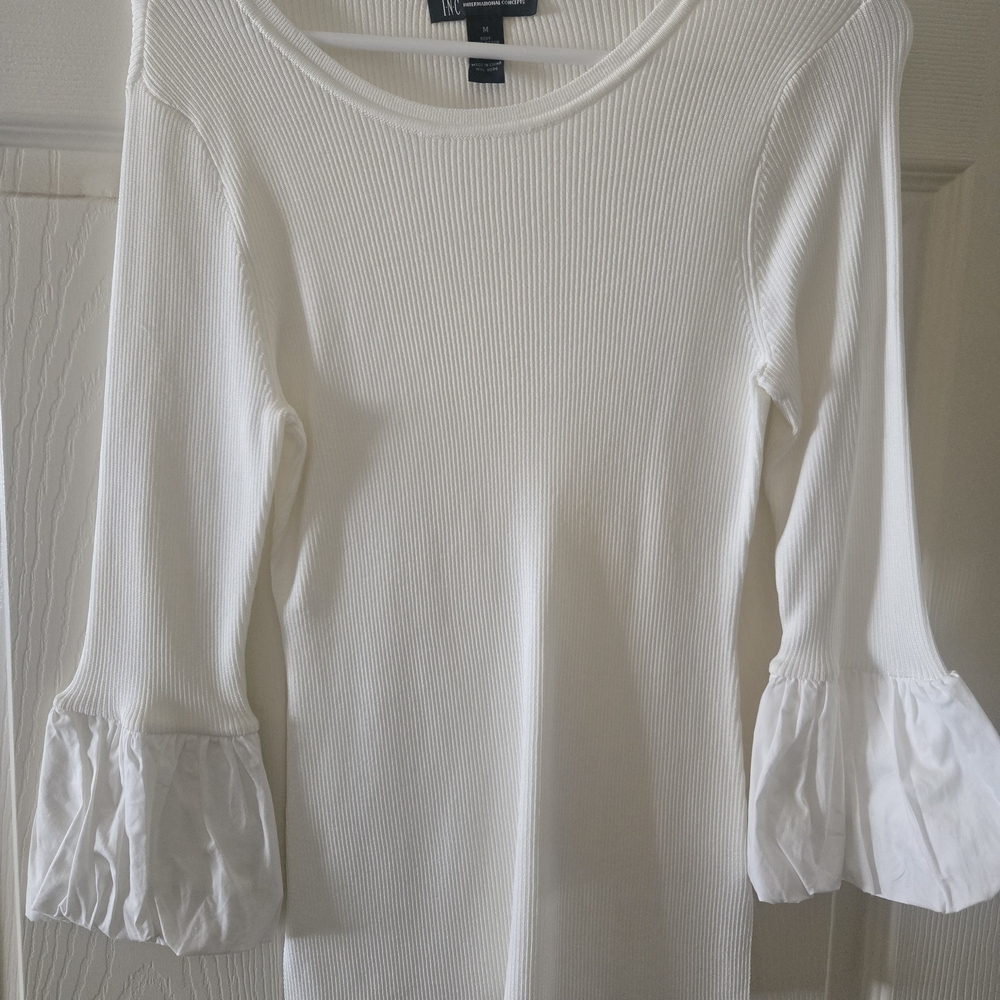 INC International Concepts White Ruffled 3/4 Sleeve Blouse